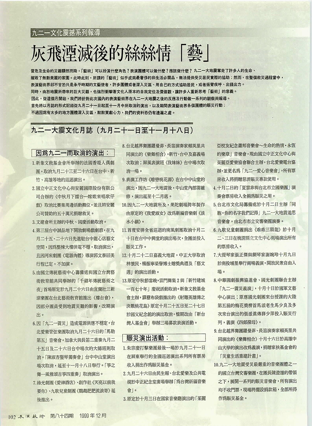 系列報導「九二一文化震撼」，1999年12月號至2000年5月號，第84期。